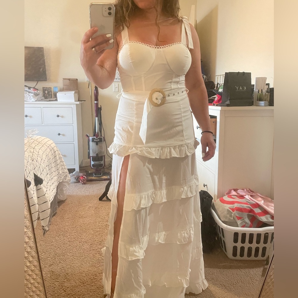 Main Strip White Ruffled Bust Maxi Dress with Tie Straps
